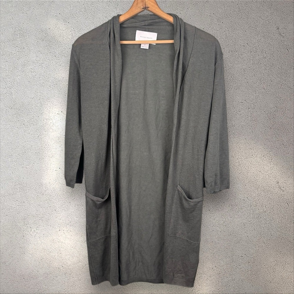 Brochu Walker Open Front Long Line Green Linen Blend Cardigan Sz S